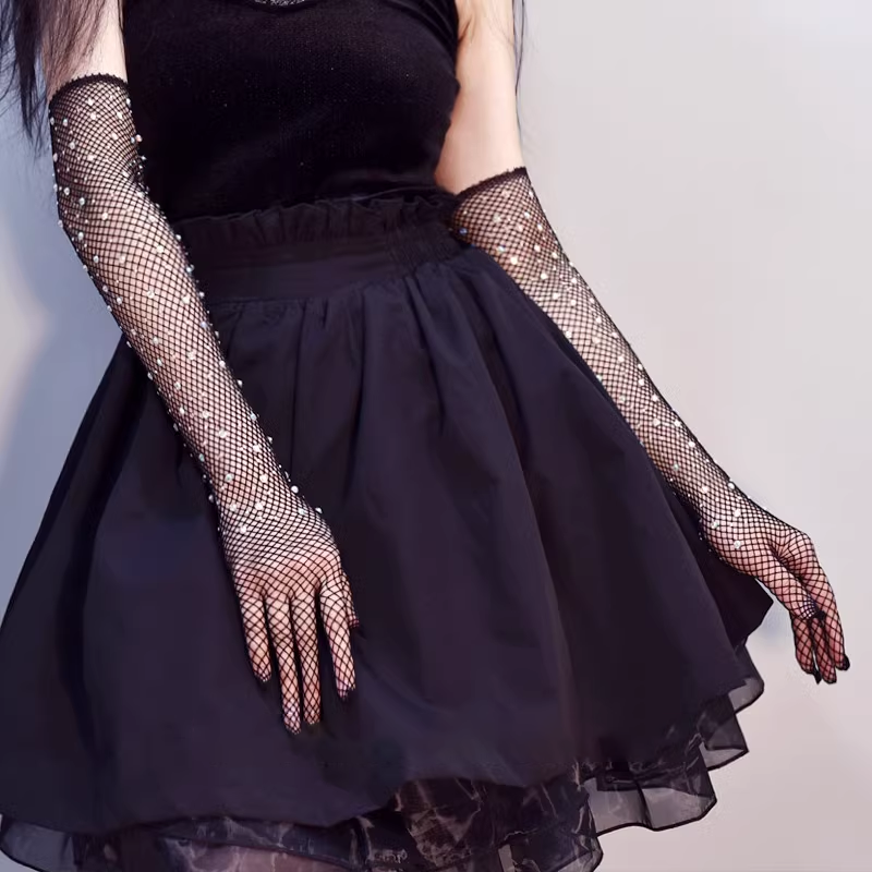 Lace Fishing Net Rhinestone Gloves